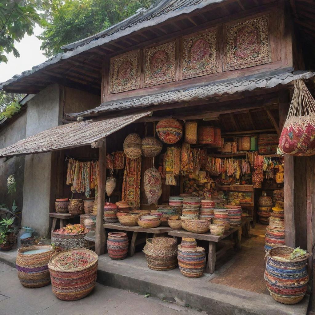 A traditional Indonesian shop nestled on a busy street, offering a vibrant array of indigenous artwork, textiles, and artisanal goods under its quaint, rustic roof.