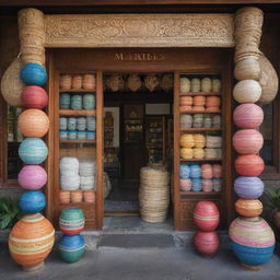 A traditional Madurese shop in Indonesia with intricate wood carvings, displaying a colorful array of locally woven sarongs, traditional salted duck eggs, and handcrafted trinkets under a grand, ornate entrance.