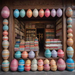 A traditional Madurese shop in Indonesia with intricate wood carvings, displaying a colorful array of locally woven sarongs, traditional salted duck eggs, and handcrafted trinkets under a grand, ornate entrance.