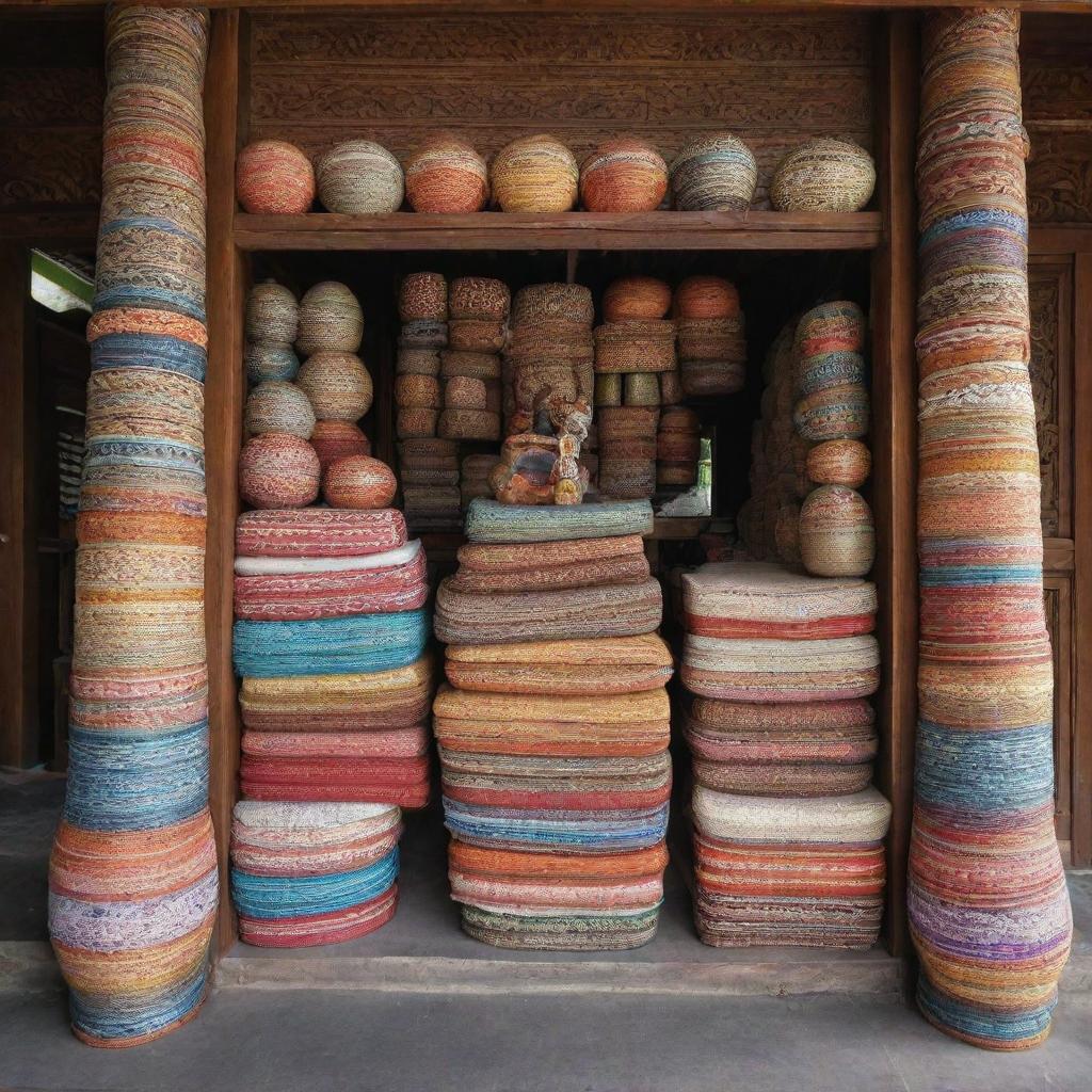 A traditional Madurese shop in Indonesia with intricate wood carvings, displaying a colorful array of locally woven sarongs, traditional salted duck eggs, and handcrafted trinkets under a grand, ornate entrance.