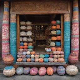 A traditional Madurese shop in Indonesia with intricate wood carvings, displaying a colorful array of locally woven sarongs, traditional salted duck eggs, and handcrafted trinkets under a grand, ornate entrance.