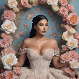 A 3D hyper-realistic image of Kim Kardashian in a rococo style surrounded by an aesthetic field of flowers