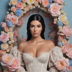 A 3D hyper-realistic image of Kim Kardashian in a rococo style surrounded by an aesthetic field of flowers