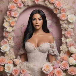 A 3D hyper-realistic image of Kim Kardashian in a rococo style surrounded by an aesthetic field of flowers