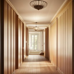 An aesthetically pleasing hallway with simple wall panelling and lighter wall colours, along with hardwood floors. The image showcases architectural elegance.