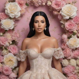 A 3D hyper-realistic image of Kim Kardashian in a rococo style surrounded by an aesthetic field of flowers