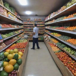 A local grocery store or 'toko kebutuhan pokok' in Indonesia, filled with fresh fruits, vegetables, packaged foods and household necessities neatly lined on shelves, with friendly shopkeepers attending to customers.