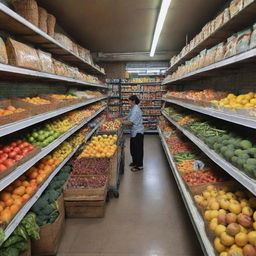 A local grocery store or 'toko kebutuhan pokok' in Indonesia, filled with fresh fruits, vegetables, packaged foods and household necessities neatly lined on shelves, with friendly shopkeepers attending to customers.