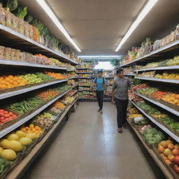 A local grocery store or 'toko kebutuhan pokok' in Indonesia, filled with fresh fruits, vegetables, packaged foods and household necessities neatly lined on shelves, with friendly shopkeepers attending to customers.