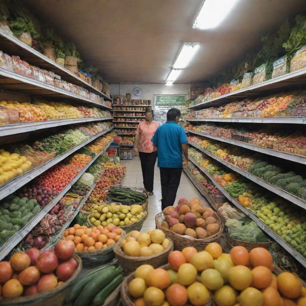 A local grocery store or 'toko kebutuhan pokok' in Indonesia, filled with fresh fruits, vegetables, packaged foods and household necessities neatly lined on shelves, with friendly shopkeepers attending to customers.