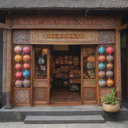 The front view of a Madurese shop in Indonesia, intricately designed with classic wooden architecture, displaying an assortment of goods from traditional textiles to locally produced items, inviting passersby with its colorful and vibrant appearance.