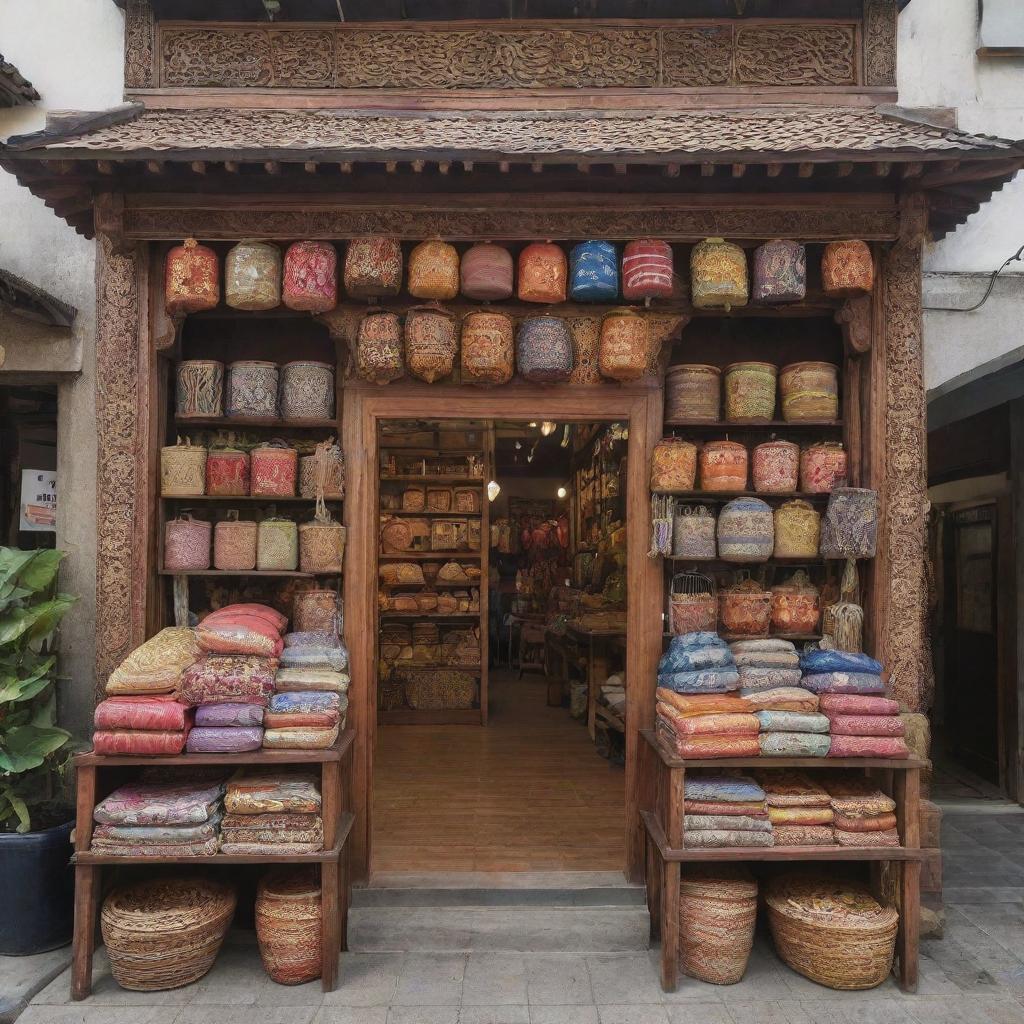 The front view of a Madurese shop in Indonesia, intricately designed with classic wooden architecture, displaying an assortment of goods from traditional textiles to locally produced items, inviting passersby with its colorful and vibrant appearance.