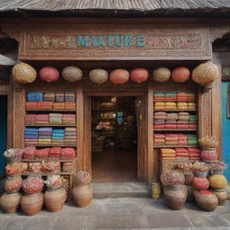 The front view of a Madurese shop in Indonesia, intricately designed with classic wooden architecture, displaying an assortment of goods from traditional textiles to locally produced items, inviting passersby with its colorful and vibrant appearance.