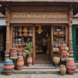 The front view of a Madurese shop in Indonesia, intricately designed with classic wooden architecture, displaying an assortment of goods from traditional textiles to locally produced items, inviting passersby with its colorful and vibrant appearance.