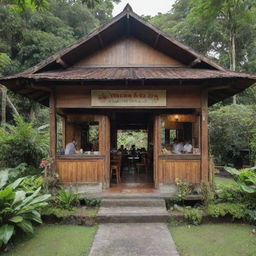 The front view of a traditional Indonesian 'warung', a small family-owned shop or café offering a variety of local foods and drinks, with rustic wooden structures, surrounded by lush greenery and customers enjoying their meals.