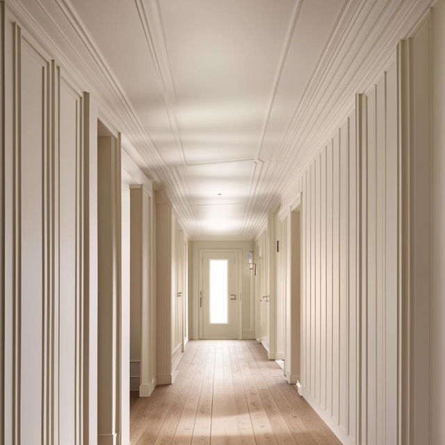 An aesthetically pleasing hallway with simple wall panelling and lighter wall colours, along with hardwood floors. The image showcases architectural elegance.