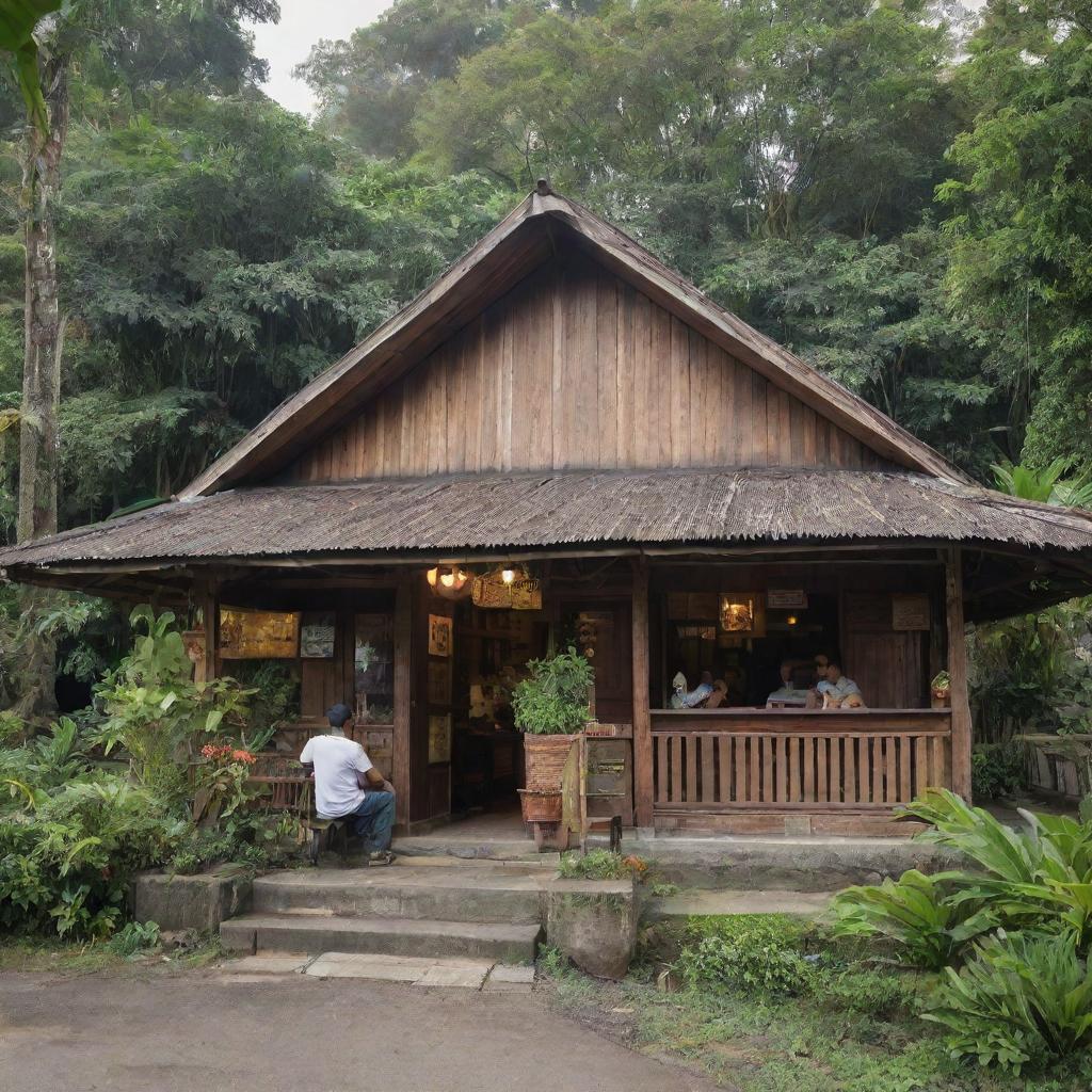 The front view of a traditional Indonesian 'warung', a small family-owned shop or café offering a variety of local foods and drinks, with rustic wooden structures, surrounded by lush greenery and customers enjoying their meals.