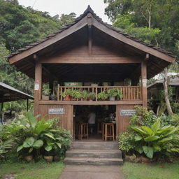 The front view of a traditional Indonesian 'warung', a small family-owned shop or café offering a variety of local foods and drinks, with rustic wooden structures, surrounded by lush greenery and customers enjoying their meals.