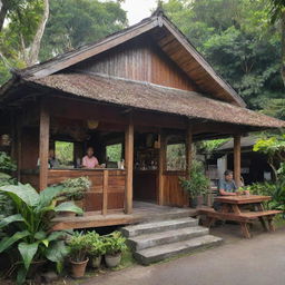 The front view of a traditional Indonesian 'warung', a small family-owned shop or café offering a variety of local foods and drinks, with rustic wooden structures, surrounded by lush greenery and customers enjoying their meals.