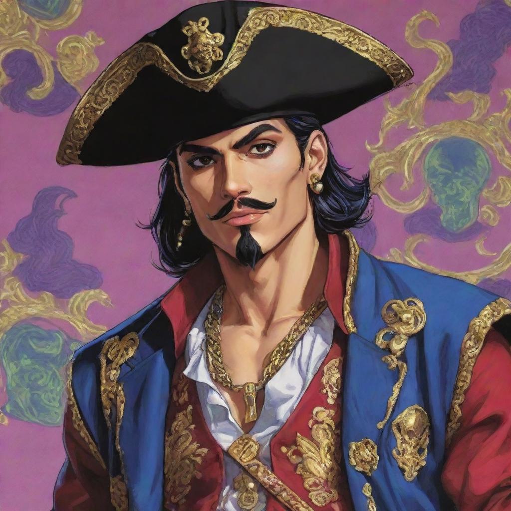 Produce a detailed anime illustration in the style of Jojo's Bizarre Adventure, featuring a flamboyantly dressed Mexican pirate. Make sure to emphasize intricate details and flamboyant design elements.