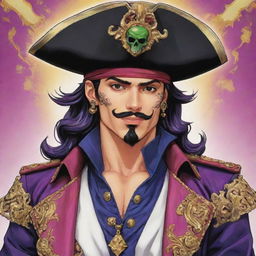 Produce a detailed anime illustration in the style of Jojo's Bizarre Adventure, featuring a flamboyantly dressed Mexican pirate. Make sure to emphasize intricate details and flamboyant design elements.