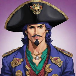 Produce a detailed anime illustration in the style of Jojo's Bizarre Adventure, featuring a flamboyantly dressed Mexican pirate. Make sure to emphasize intricate details and flamboyant design elements.