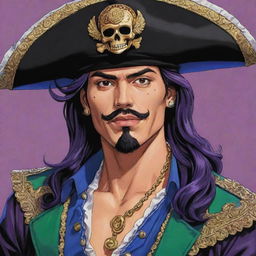 Produce a detailed anime illustration in the style of Jojo's Bizarre Adventure, featuring a flamboyantly dressed Mexican pirate. Make sure to emphasize intricate details and flamboyant design elements.