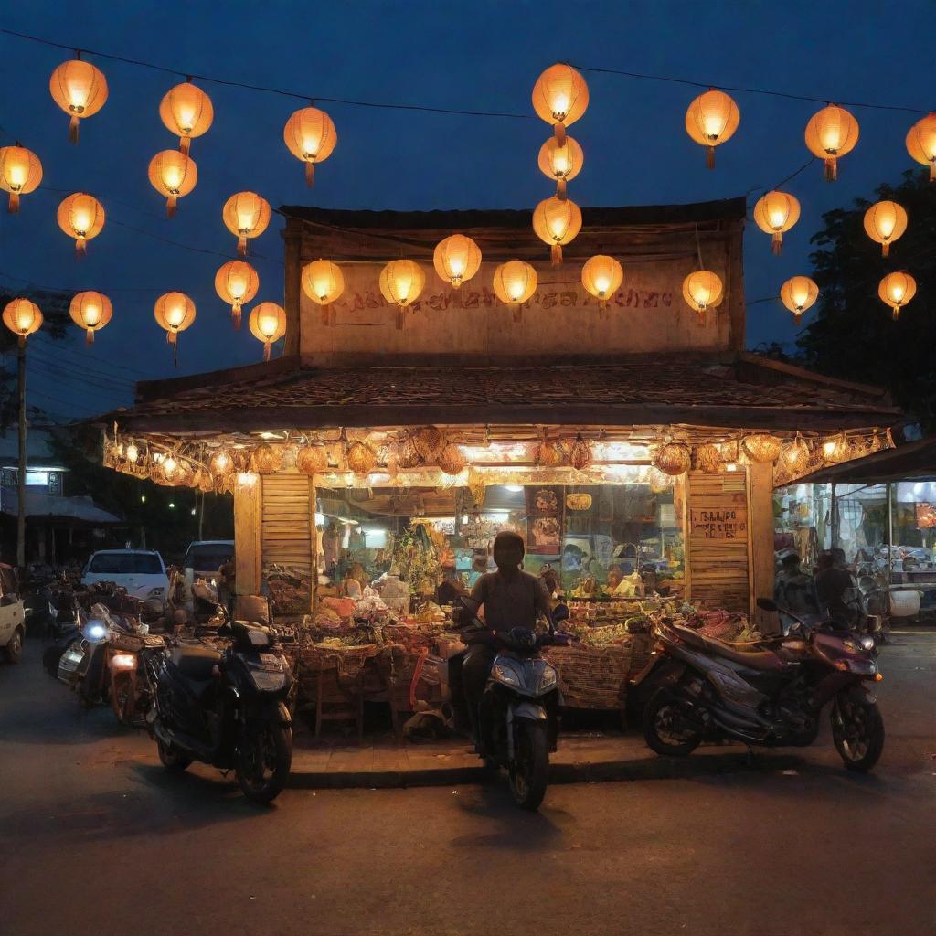 The front view of a roadside 'warung', a traditional Indonesian small eatery or shop, on a bustling highway, serving local cuisine under the warm glow of hanging lanterns, with passing motorbikes and cars illuminating the scene.