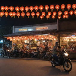 The front view of a roadside 'warung', a traditional Indonesian small eatery or shop, on a bustling highway, serving local cuisine under the warm glow of hanging lanterns, with passing motorbikes and cars illuminating the scene.