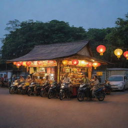 The front view of a roadside 'warung', a traditional Indonesian small eatery or shop, on a bustling highway, serving local cuisine under the warm glow of hanging lanterns, with passing motorbikes and cars illuminating the scene.