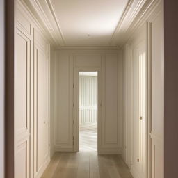 An aesthetically pleasing hallway with simple wall panelling and lighter wall colours, along with hardwood floors. The image showcases architectural elegance.