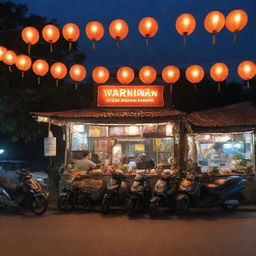 The front view of a roadside 'warung', a traditional Indonesian small eatery or shop, on a bustling highway, serving local cuisine under the warm glow of hanging lanterns, with passing motorbikes and cars illuminating the scene.