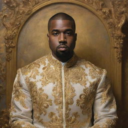 Rococo style painting of Kanye West exuding opulence with a golden aesthetic