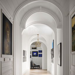 A classical white hallway beautifully adorned with arches and a well-curated gallery wall.