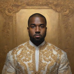 Rococo style painting of Kanye West exuding opulence with a golden aesthetic