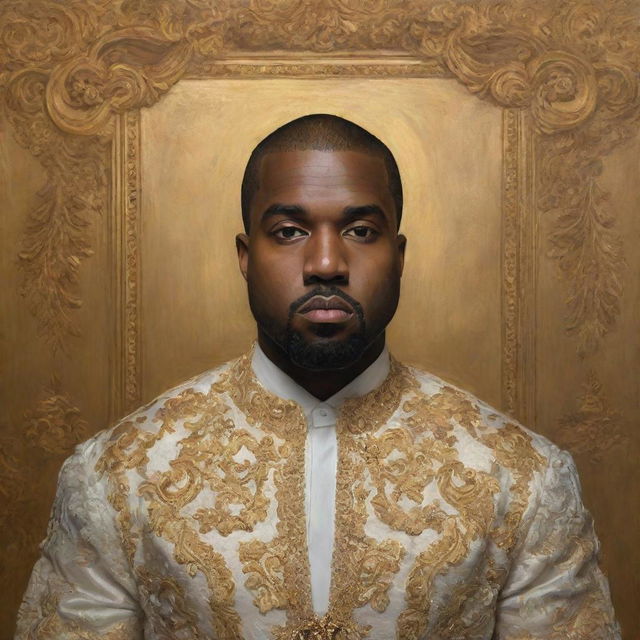 Rococo style painting of Kanye West exuding opulence with a golden aesthetic