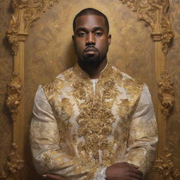 Rococo style painting of Kanye West exuding opulence with a golden aesthetic