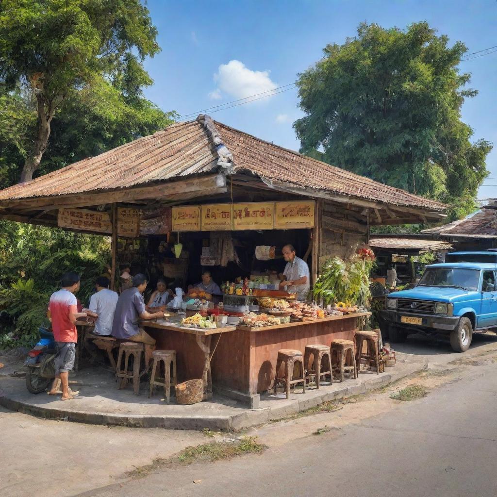 A daytime view of a roadside Indonesian 'warung' near the highway, sunlit light enhancing its rustic charm, with local customers enjoying delicacies under blue skies, and the street humming with the buzz of passing traffic.