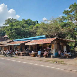 A daytime view of a roadside Indonesian 'warung' near the highway, sunlit light enhancing its rustic charm, with local customers enjoying delicacies under blue skies, and the street humming with the buzz of passing traffic.