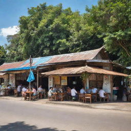 A daytime view of a roadside Indonesian 'warung' near the highway, sunlit light enhancing its rustic charm, with local customers enjoying delicacies under blue skies, and the street humming with the buzz of passing traffic.