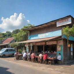 A daytime view of a roadside Indonesian 'warung' near the highway, sunlit light enhancing its rustic charm, with local customers enjoying delicacies under blue skies, and the street humming with the buzz of passing traffic.