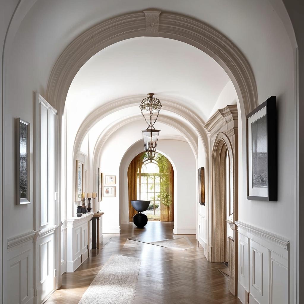 A classical white hallway beautifully adorned with arches and a well-curated gallery wall.