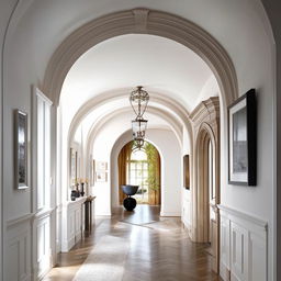 A classical white hallway beautifully adorned with arches and a well-curated gallery wall.