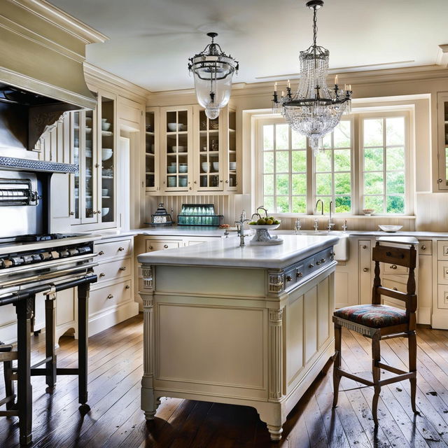 An immaculate French country kitchen in soft neutrals, featuring custom cabinetry, a large farmhouse sink, traditional French decor, a luxe marble island, a vintage stove, and an elegant crystal chandelier setting a charming yet elegant atmosphere.