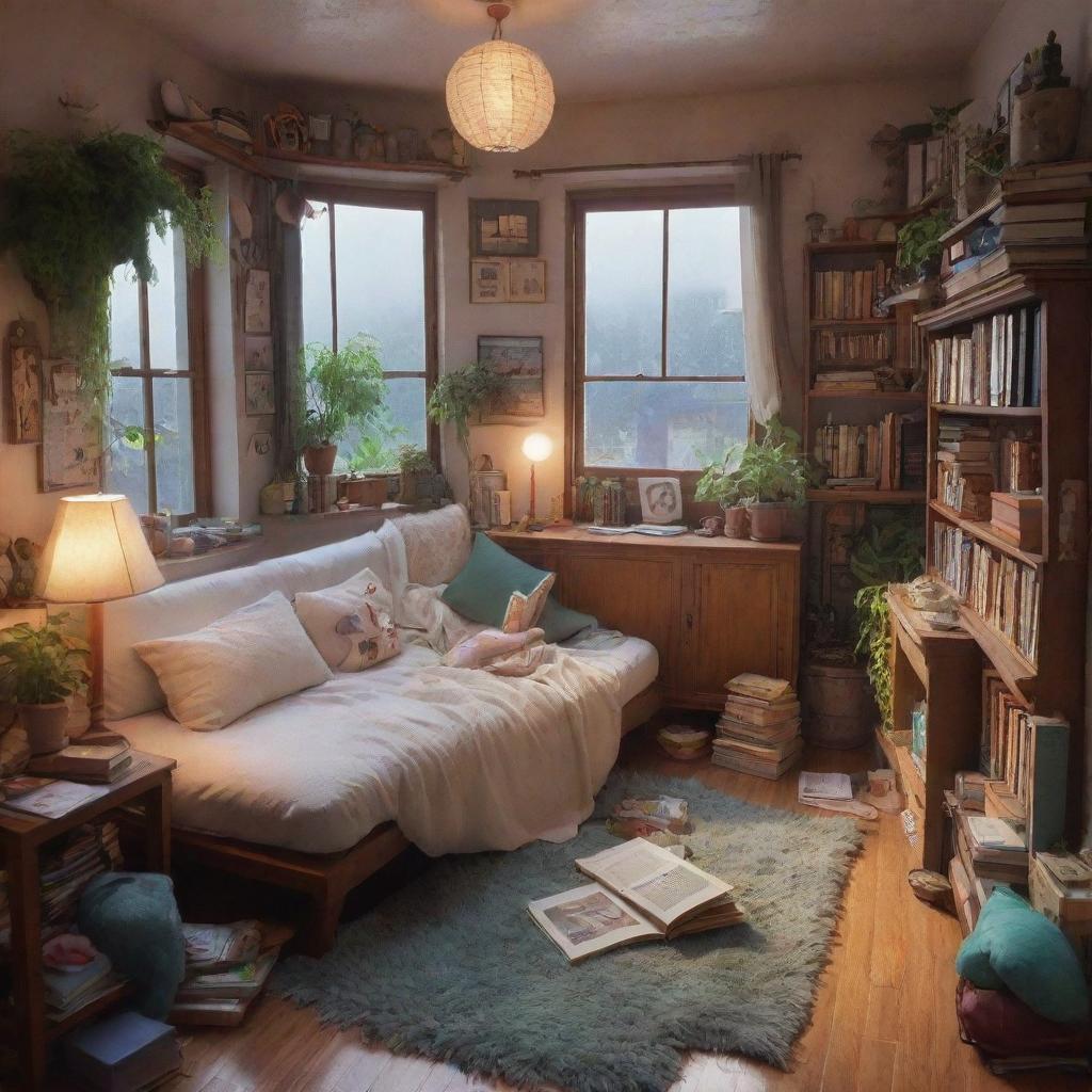 Translate into a 3D image a cozy, cluttered apartment inspired by Studio Ghibli aesthetics with an alien girl reading a book. The atmosphere should suggest a warm, rainy day vibe.