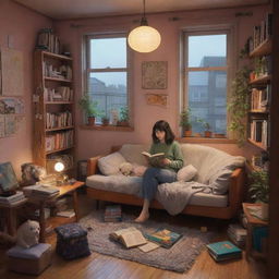 Translate into a 3D image a cozy, cluttered apartment inspired by Studio Ghibli aesthetics with an alien girl reading a book. The atmosphere should suggest a warm, rainy day vibe.