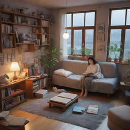 Translate into a 3D image a cozy, cluttered apartment inspired by Studio Ghibli aesthetics with an alien girl reading a book. The atmosphere should suggest a warm, rainy day vibe.