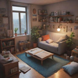 Translate into a 3D image a cozy, cluttered apartment inspired by Studio Ghibli aesthetics with an alien girl reading a book. The atmosphere should suggest a warm, rainy day vibe.