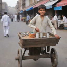 A young Pakistani boy in traditional attire, selling tea from a well-worn cart in a bustling market street.