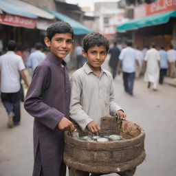 A young Pakistani boy in traditional attire, selling tea from a well-worn cart in a bustling market street.